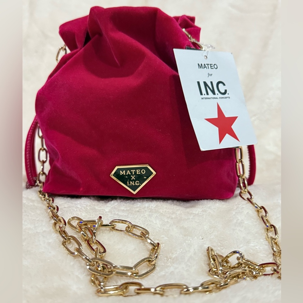 Club Y2K Mateo for INC Velvet Bucket Bag Rhinestone Drawstring Pull & Gold Chain